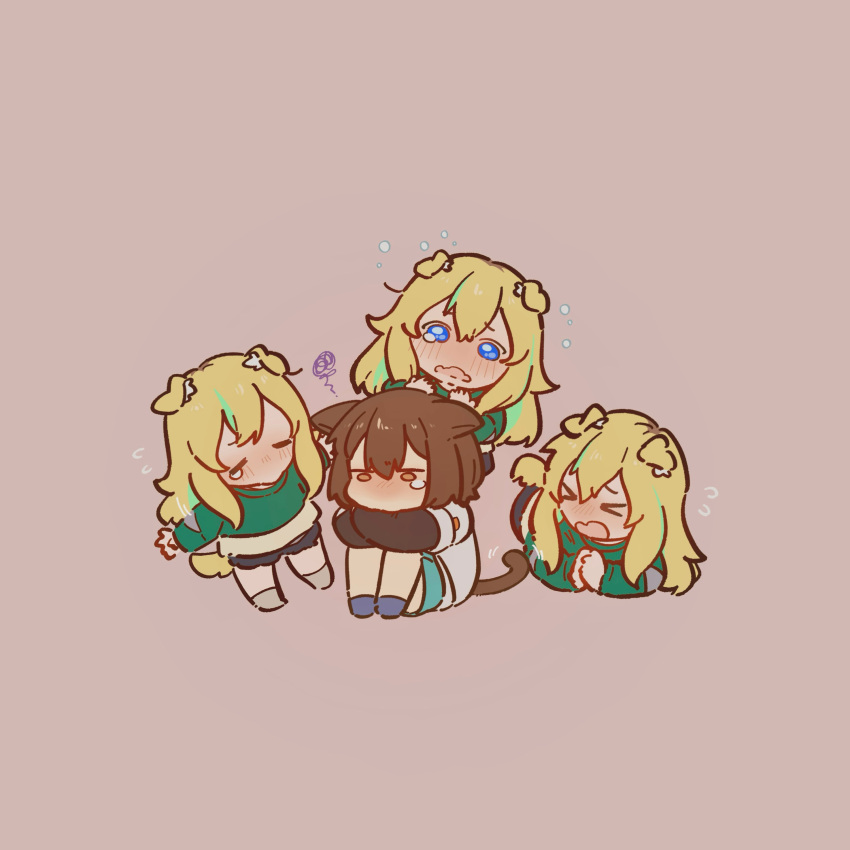 >_<, 4girls, absurdres, animal_ears, black_footwear, black_skirt, blonde_hair, blue_eyes
