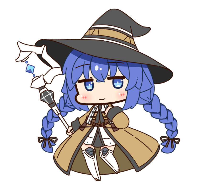 1girl, black_hat, black_ribbon, blue_eyes, blue_hair, blush_stickers, boots, braid, brown_robe, chibi, closed_mouth, eyebrows_hidden_by_hair, flat_chest, full_body, hair_between_eyes, hair_ribbon, hand_on_own_chest, hat, highres, holding, holding_staff, jacket, knee_boots, large_hat, looking_at_viewer, mage_staff, mushoku_tensei, ribbon, robe, roxy_migurdia, shizukushigure, simple_background, smile, solo, staff, standing, standing_on_one_leg, twin_braids, white_background, white_footwear, white_jacket, witch_hat