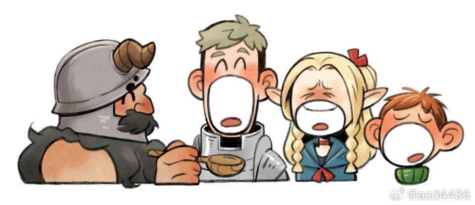 1girl, 3boys, ^_^, asd4486, beard, brown_hair, chilchuck_tims, closed_eyes
