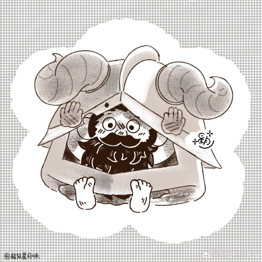 1boy, artist_request, beard, blush, brown_hair, dungeon_meshi, dwarf, facial_hair, fake_horns, feet, greyscale, helmet, highres, horned_helmet, horns, long_beard, male_focus, mini_person, miniboy, monochrome, mustache, senshi_(dungeon_meshi), senshi_(half-foot)_(dungeon_meshi), sitting, solo, thick_mustache, very_long_beard