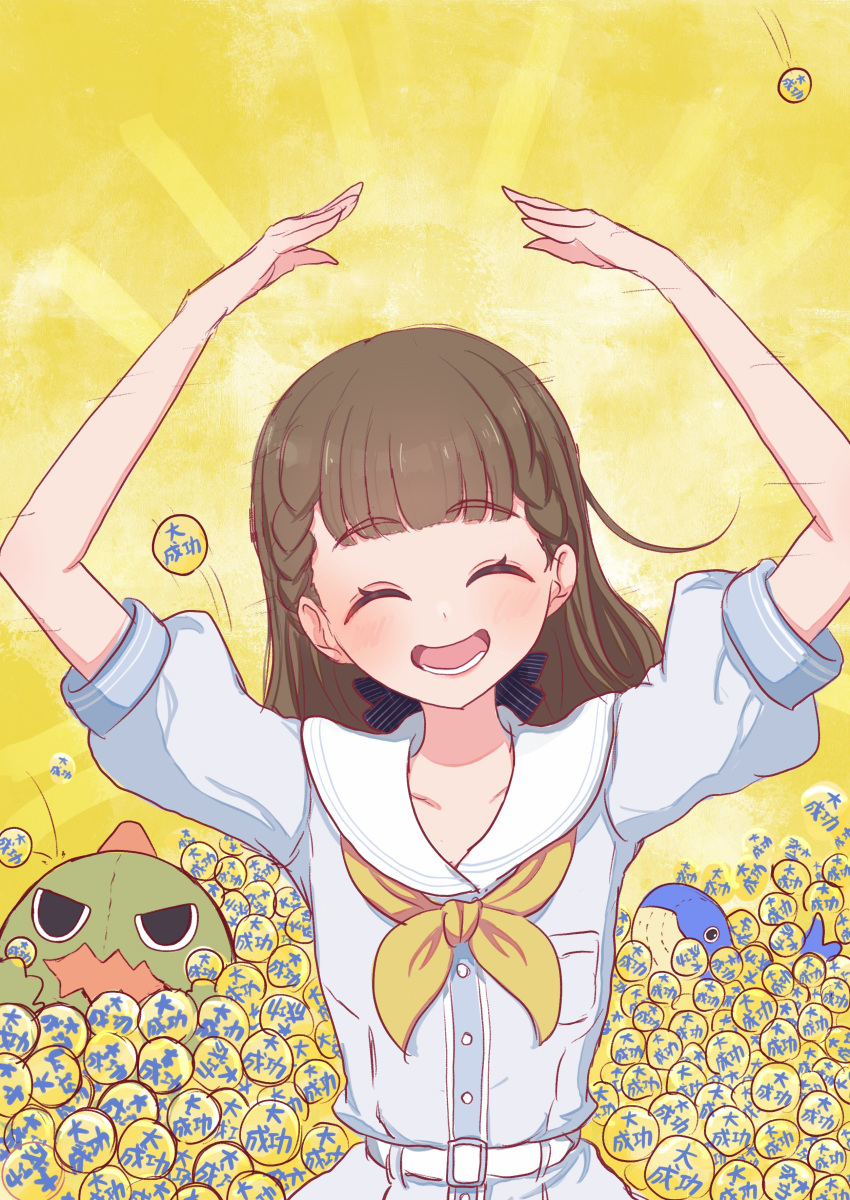 1girl, ^_^, absurdres, alt_text, arms_up, badge, blunt_bangs, braid