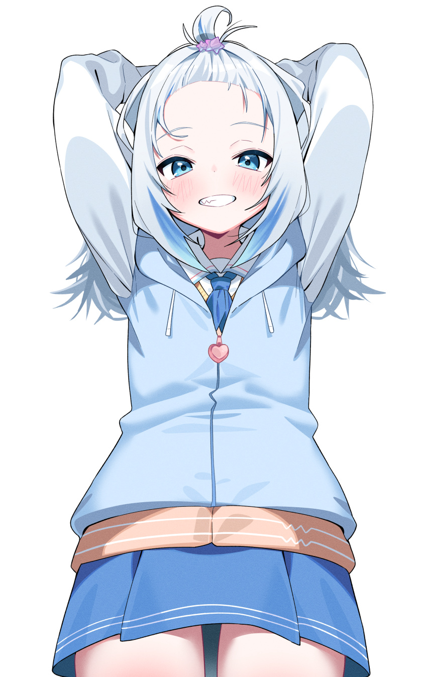 1girl, absurdres, arms_behind_head, arms_up, bangs_pinned_back, blue_eyes, blue_hair, blue_jacket