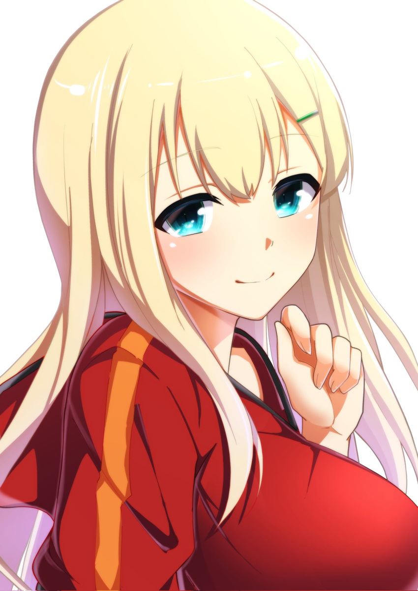 1girl, aqua_eyes, betterthanbone2, blonde_hair, blush, breasts, closed_mouth, fingernails, hair_between_eyes, hair_ornament, hairclip, highres, hood, hood_down, jacket, large_breasts, long_hair, looking_at_viewer, red_jacket, red_track_suit, senran_kagura, senran_kagura_new_link, senran_kagura_shoujo-tachi_no_shin'ei, simple_background, smile, solo, track_jacket, track_suit, yomi_(senran_kagura)