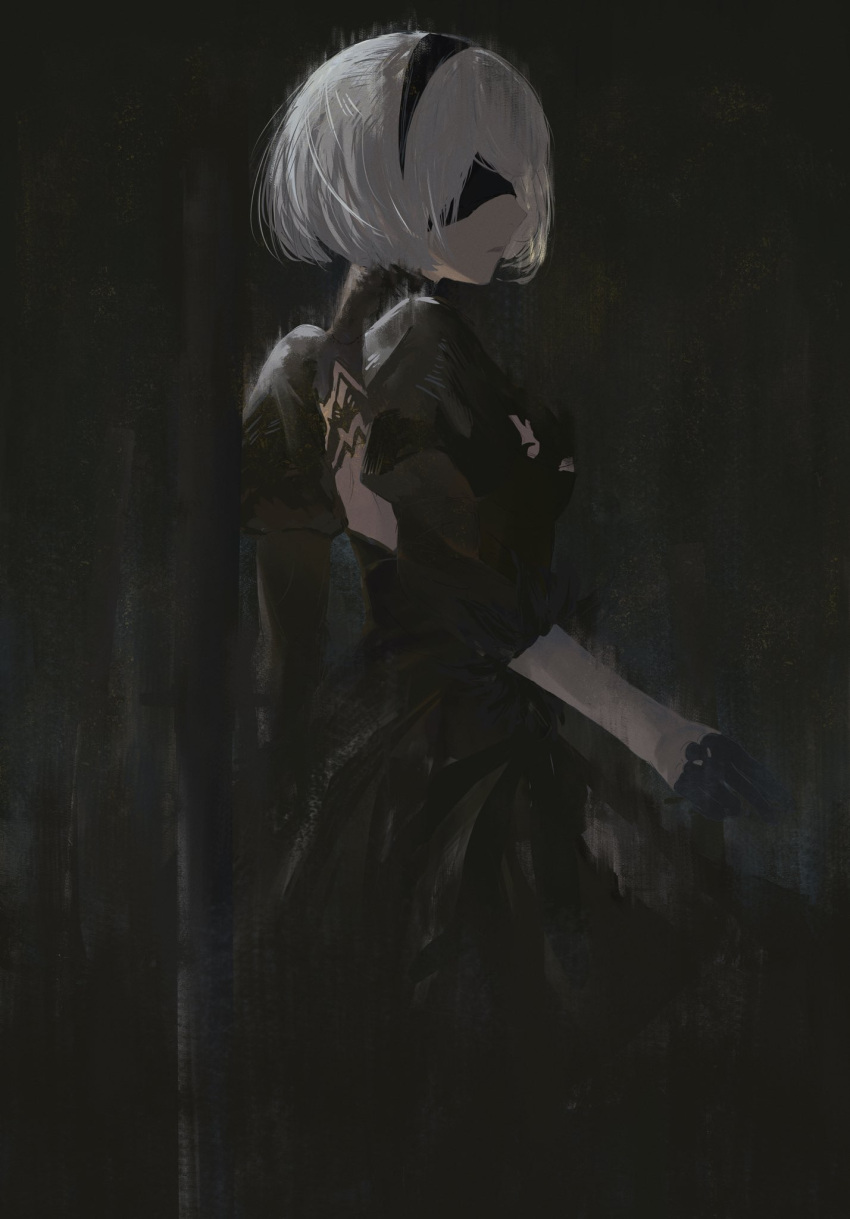 1girl, 2b_(nier:automata), back_cutout, black_dress, black_gloves, black_hairband, breast_cutout, breasts