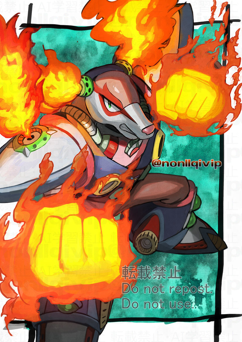 1boy, armor, fiery_horns, fire, flame_stag, flaming_hand, full_body, horns, looking_at_viewer, mega_man_(series), mega_man_x_(series), non-humanoid_robot, robot, robot_animal, solo, twitter_username, watermark, yamanashi_taiki