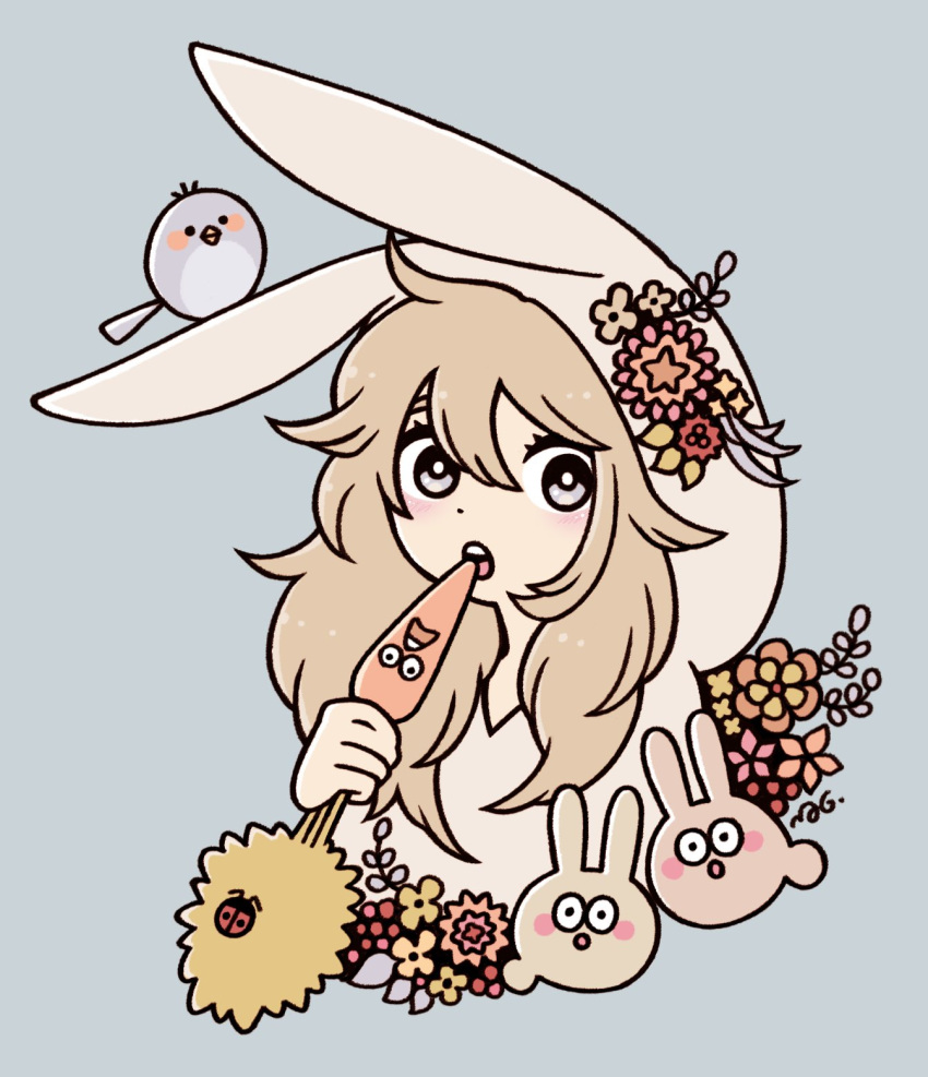 1girl, animal_ears, animal_hood, animal_on_head, berry, bird, bird_on_head, brown_rabbit