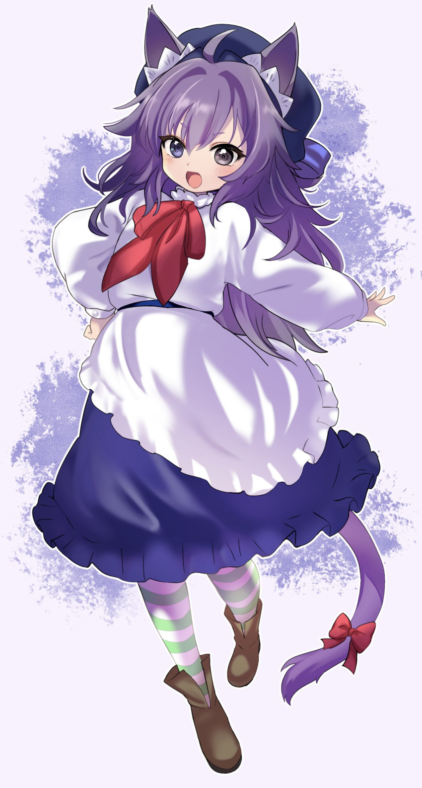 1girl, :d, absurdres, animal_ears, black_eyes, blue_skirt, boots, brown_footwear, cat_ears, cat_girl, cat_tail, commission, doroame_(ameyu), full_body, hand_on_own_hip, hat, heterochromia, highres, long_hair, long_sleeves, looking_at_viewer, open_mouth, original, outstretched_arm, puffy_long_sleeves, puffy_sleeves, purple_hair, shirt, simple_background, skeb_commission, skirt, smile, tail, violet_eyes, white_background, white_shirt