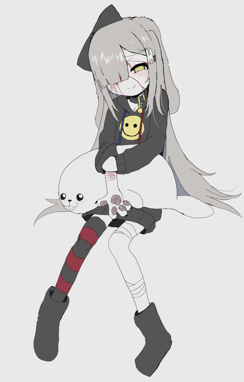 1girl, @_@, absurdres, animal_hands, bandaged_leg, bandages, blood, blood_on_face, blunt_bangs, grey_hair, hair_ornament, hair_over_one_eye, highres, long_hair, original, oyasu_miyo_(vreparty), pawpads, rabbit_hair_ornament, seal_(animal), self-harm, self-harm_scar, simple_background, single_thighhigh, thigh-highs, vreparty, white_background, wrist_cutting, yellow_eyes
