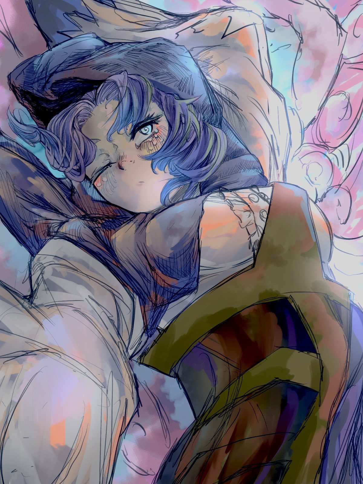 1girl, blue_eyes, blue_hair, blush, breasts, center_frills, closed_mouth, commentary_request