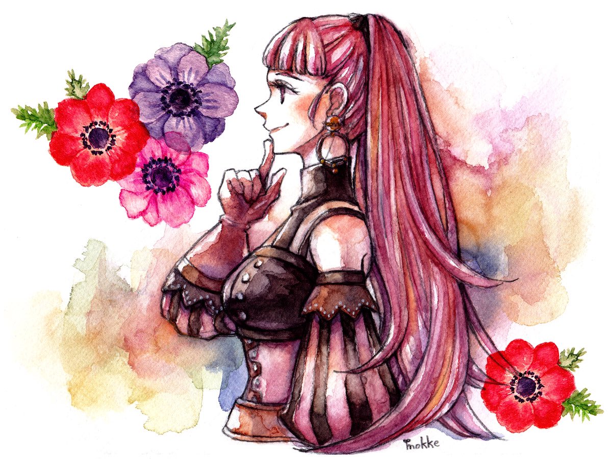 blunt_bangs, earrings, fire_emblem, fire_emblem:_three_houses, flower, hilda_valentine_goneril, hoop_earrings, jewelry