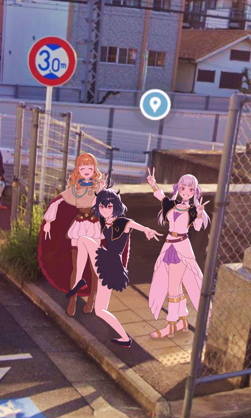 3girls, absurdres, black_bulls_(emblem), black_capelet, black_clover, black_dress, black_footwear, black_hair