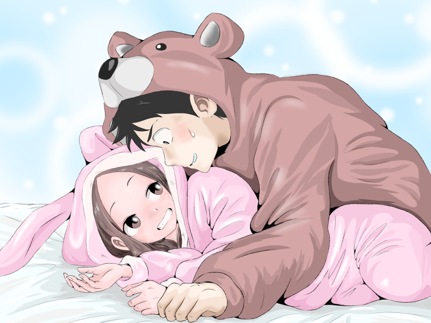 1boy, 1girl, animal_costume, bear_costume, black_hair, brown_eyes, brown_hair, couple, grin, hatomugi_(user_datj4345), hetero, highres, karakai_jouzu_no_takagi-san, long_hair, looking_at_another, lying, nishikata, on_side, rabbit_costume, short_hair, smile, sweatdrop, takagi-san, teeth