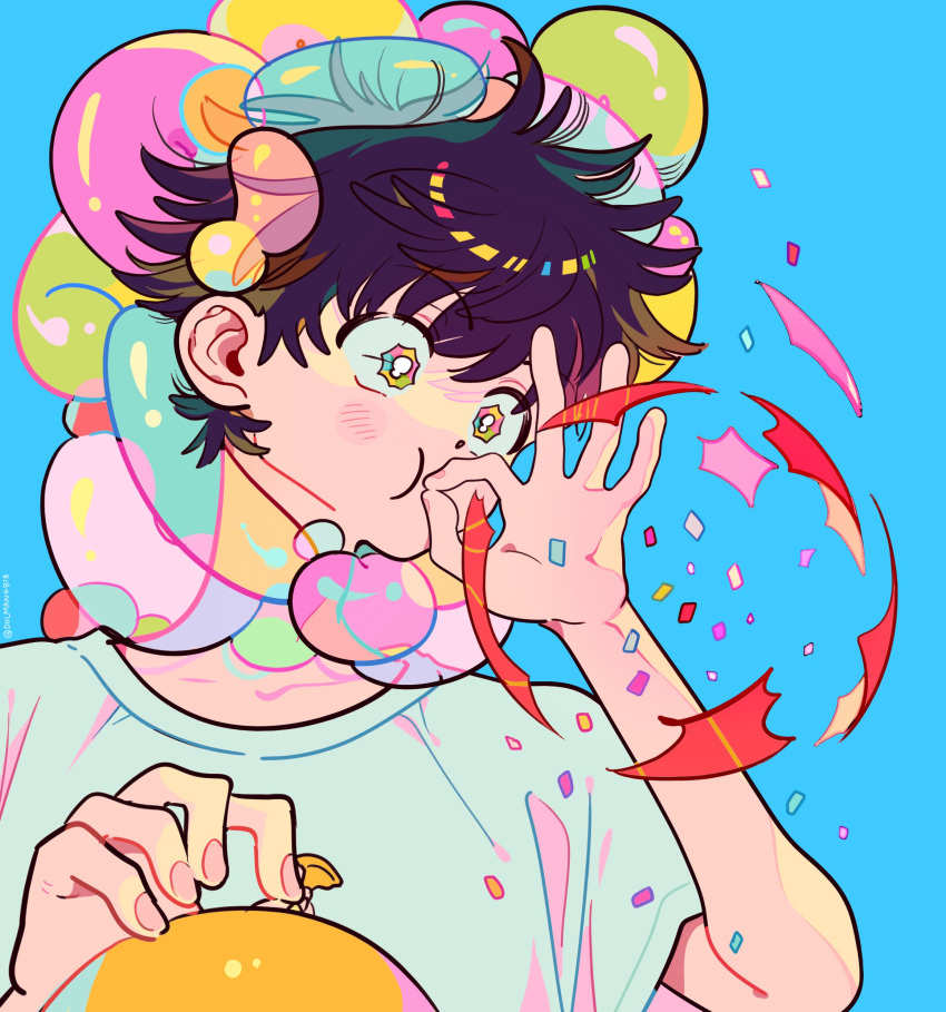 1boy, :i, absurdres, balloon, balloon_hair_ornament, black_hair, blue_background, blush_stickers