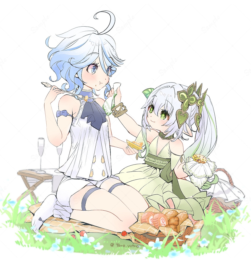 2girls, :t, ahoge, arm_up, artist_name, ascot, bare_shoulders, basket, black_ascot, blanket, blue_bow, blue_eyes, blue_hair, blush, bow, bracelet, cake, candied_ajilenakh_nut_(genshin_impact), champagne_flute, closed_mouth, commentary_request, cross-shaped_pupils, cup, dress, drinking_glass, drinking_straw, drop-shaped_pupils, eating, eyelashes, flower, food, food_on_face, fork, fruit, furina_(genshin_impact), genshin_impact, gradient_hair, grass, green_dress, green_eyes, green_hair, green_sash, hair_between_eyes, hair_ornament, hand_up, highres, holding, holding_fork, jewelry, leaf_hair_ornament, long_hair, looking_at_another, multicolored_hair, multiple_girls, nahida_(genshin_impact), napkin, parted_bangs, pastry, picnic_basket, pointy_ears, sash, shirt, short_hair, short_shorts, shorts, side_ponytail, sidelocks, simple_background, sitting, sleeveless, sleeveless_dress, sleeveless_shirt, smile, socks, strawberry, streaked_hair, swept_bangs, symbol-shaped_pupils, table, tablecloth, thigh_strap, toro_astro, twitter_username, wariza, white_background, white_flower, white_hair, white_shirt, white_shorts, white_socks, wide-eyed