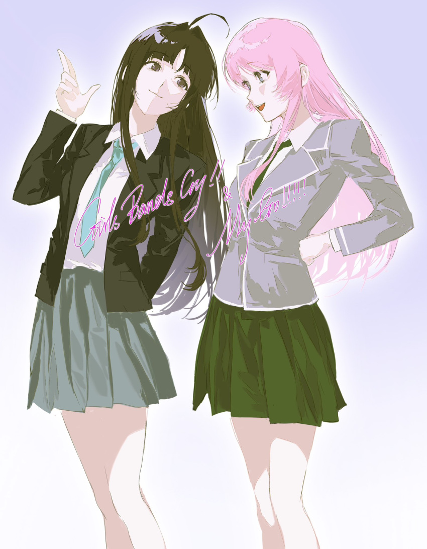 2girls, ahoge, aqua_necktie, awa_subaru, bang_dream!, bang_dream!_it's_mygo!!!!!, black_hair, black_jacket
