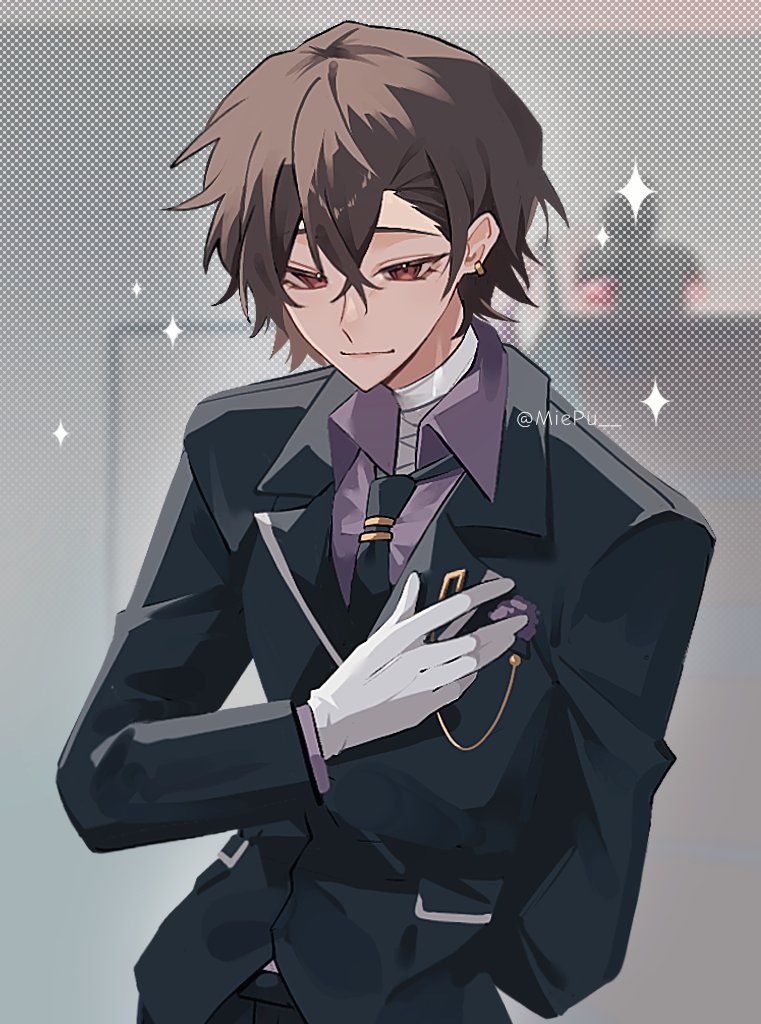 1boy, alternate_costume, alternate_hairstyle, brown_eyes, brown_hair, bungou_stray_dogs, dazai_osamu_(bungou_stray_dogs), earrings