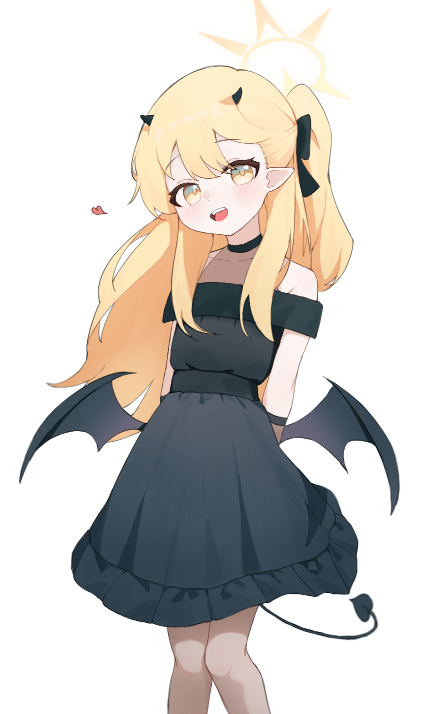 1girl, black_dress, black_gloves, black_horns, black_pantyhose, black_tail, black_wings, blonde_hair