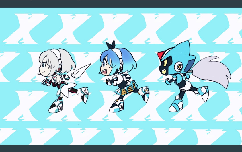 1boy, 2girls, android, armor, beatmania_iidx, black_skirt, blue_eyes, blue_hair