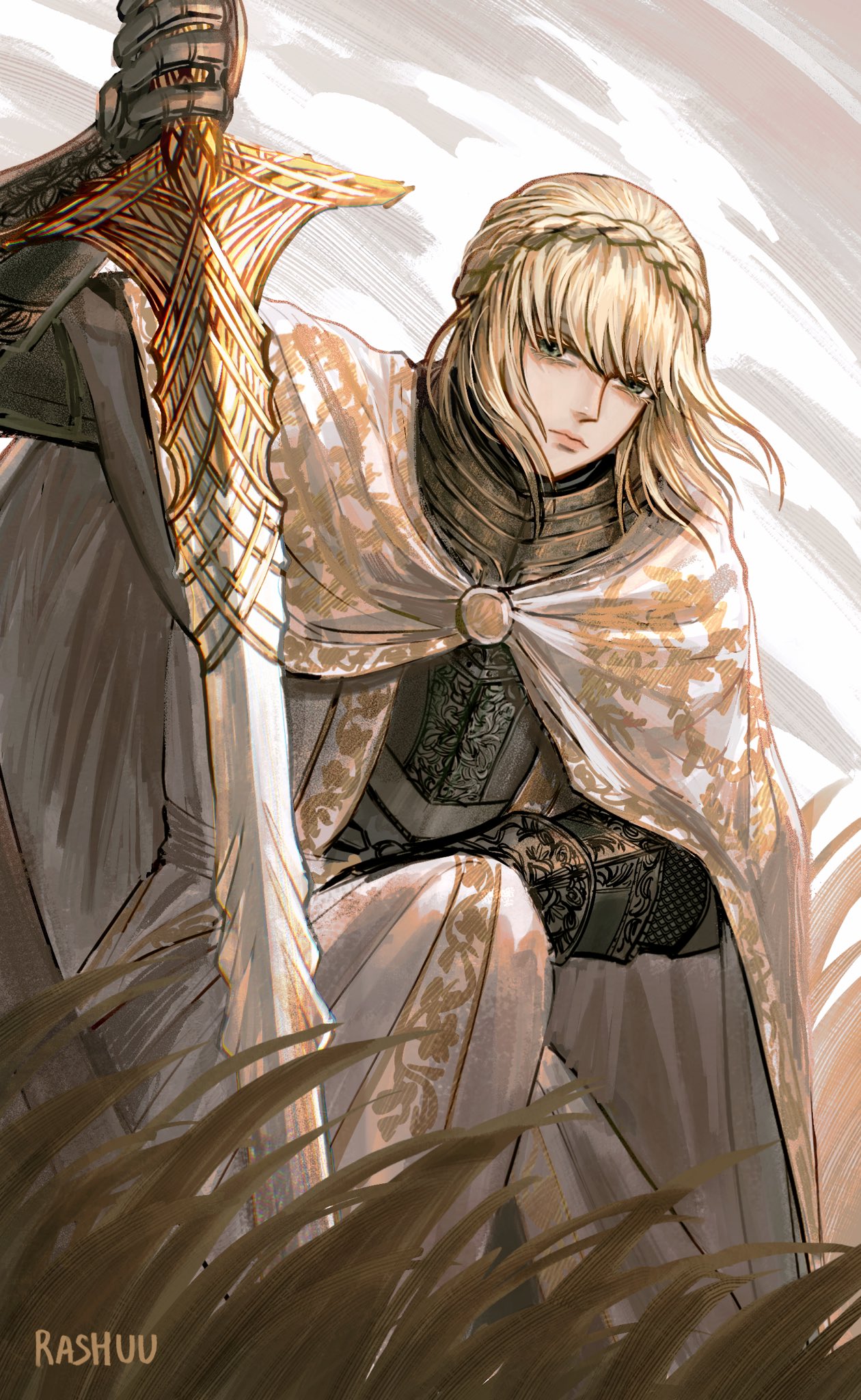 1girl, armor, blonde_hair, braid, breastplate, cape, cloak, crown_braid