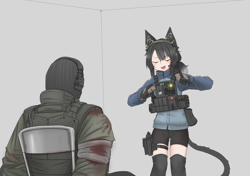 1boy, 1girl, absurdres, balaclava, bandaged_arm, bandages, bike_shorts, black_hair