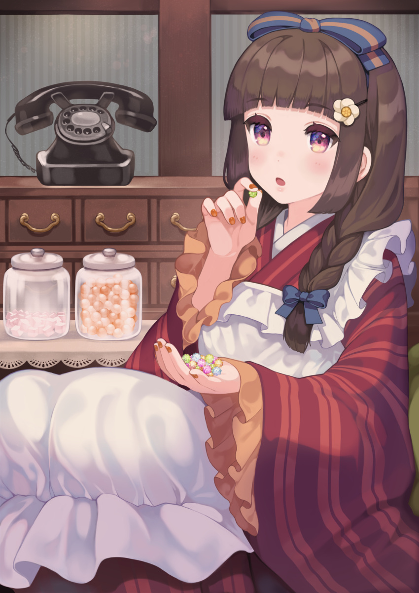 1girl, :o, antique_phone, apron, blue_bow, blunt_bangs, blush, bow