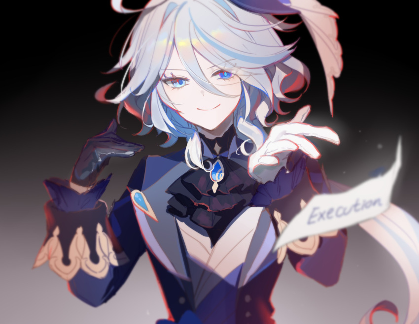 1girl, ahoge, ascot, asymmetrical_gloves, black_ascot, black_gloves, blue_eyes, blue_hair