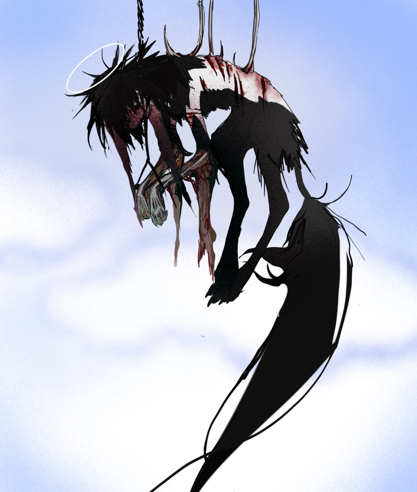 animal_feet, black_fur, black_hair, black_tail, blood, blue_sky, clouds, flesh