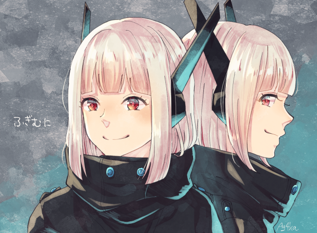 2girls, ace_combat, ace_combat_7, adf-11f_raven, artist_name, black_coat, blue_background, blunt_bangs