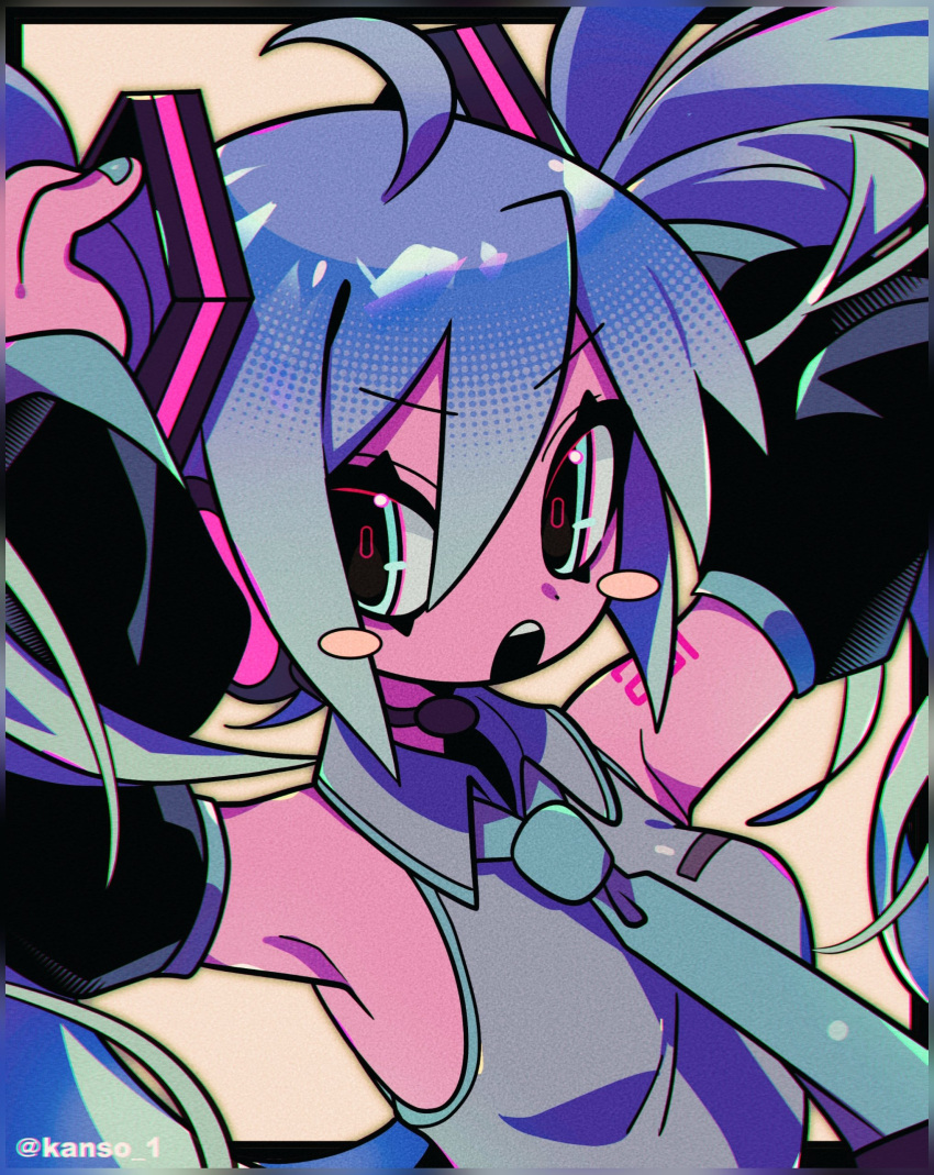 1girl, absurdres, ahoge, aqua_eyes, aqua_hair, aqua_nails, aqua_necktie, arm_tattoo