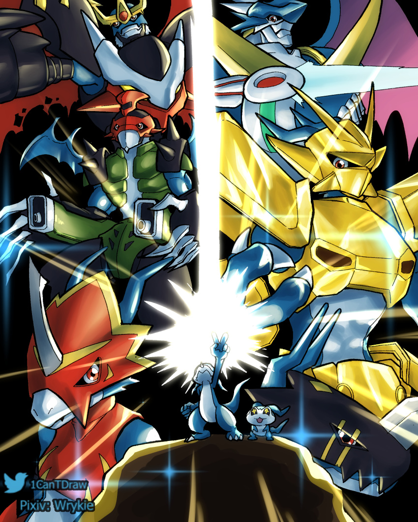 +_+, absurdres, arm_blade, arm_up, armor, black_armor, black_helmet, blue_skin