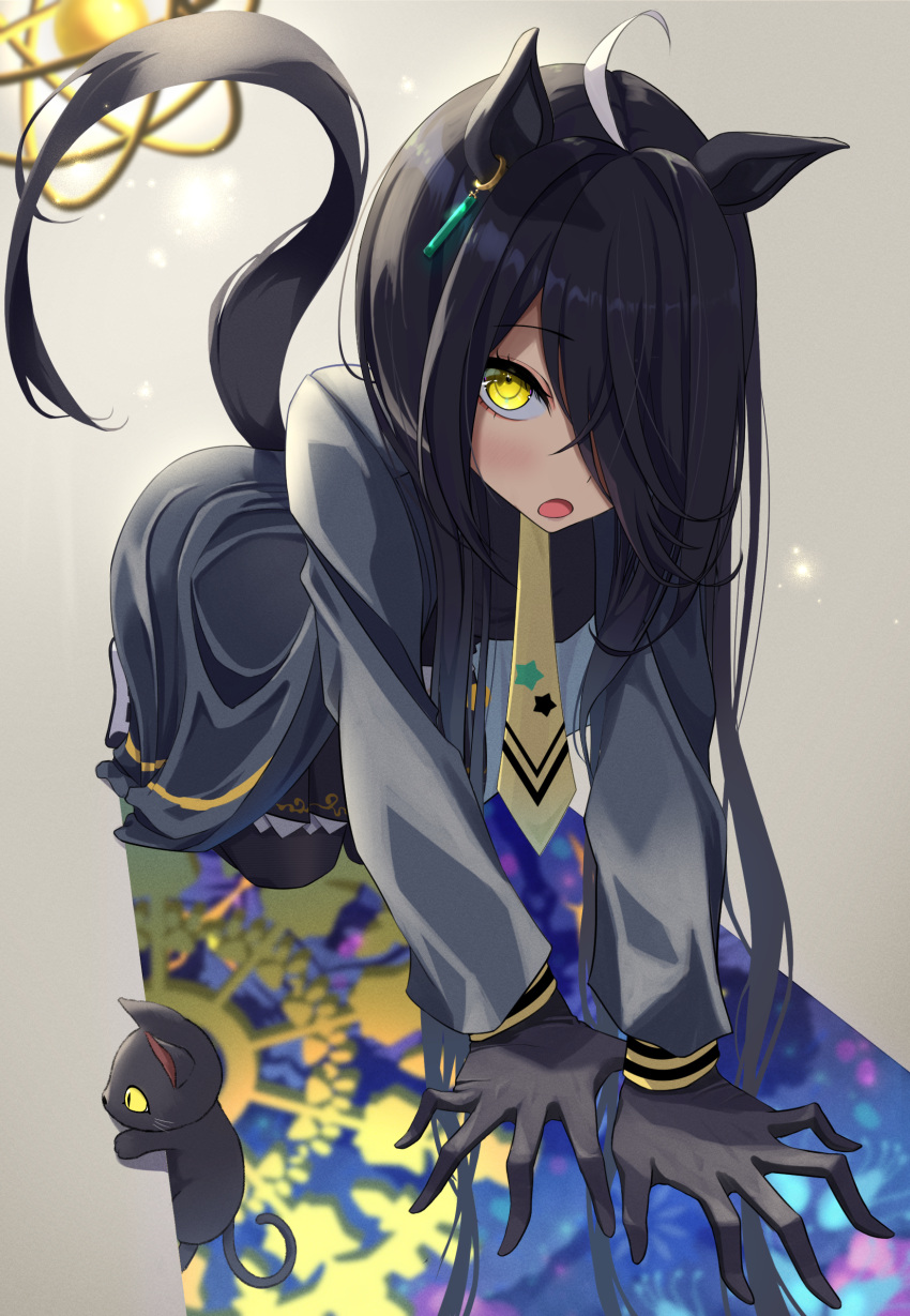 1girl, ahoge, all_fours, animal_ears, azuki_(azuki_azukki), black_cat, black_coat, black_gloves, black_hair, black_pantyhose, black_skirt, cat, coat, earrings, gloves, hair_over_one_eye, highres, horse_ears, horse_girl, horse_tail, jewelry, manhattan_cafe_(umamusume), multicolored_hair, necktie, open_mouth, pantyhose, single_earring, skirt, solo, star_(symbol), star_print, tail, two-tone_hair, umamusume, yellow_eyes, yellow_necktie