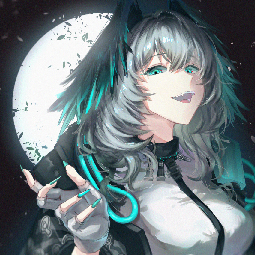 1girl, aqua_eyes, aqua_wings, arknights, black_jacket, character_request, check_character, chinese_commentary