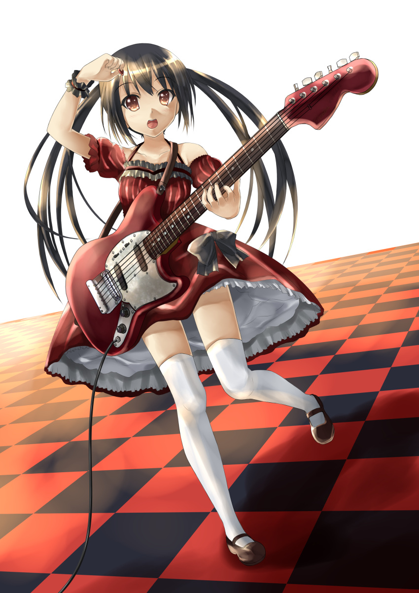 alternate_color, amamiya_hisui, bad_id, black_hair, brown_eyes, checkered, checkered_floor, colored, dress, guitar, highres, instrument, k-on!, kisaragi_miyu, legs, long_hair, nakano_azusa, plectrum, thigh-highs, thighhighs, twintails, white_legwear, white_thighhighs, zettai_ryouiki