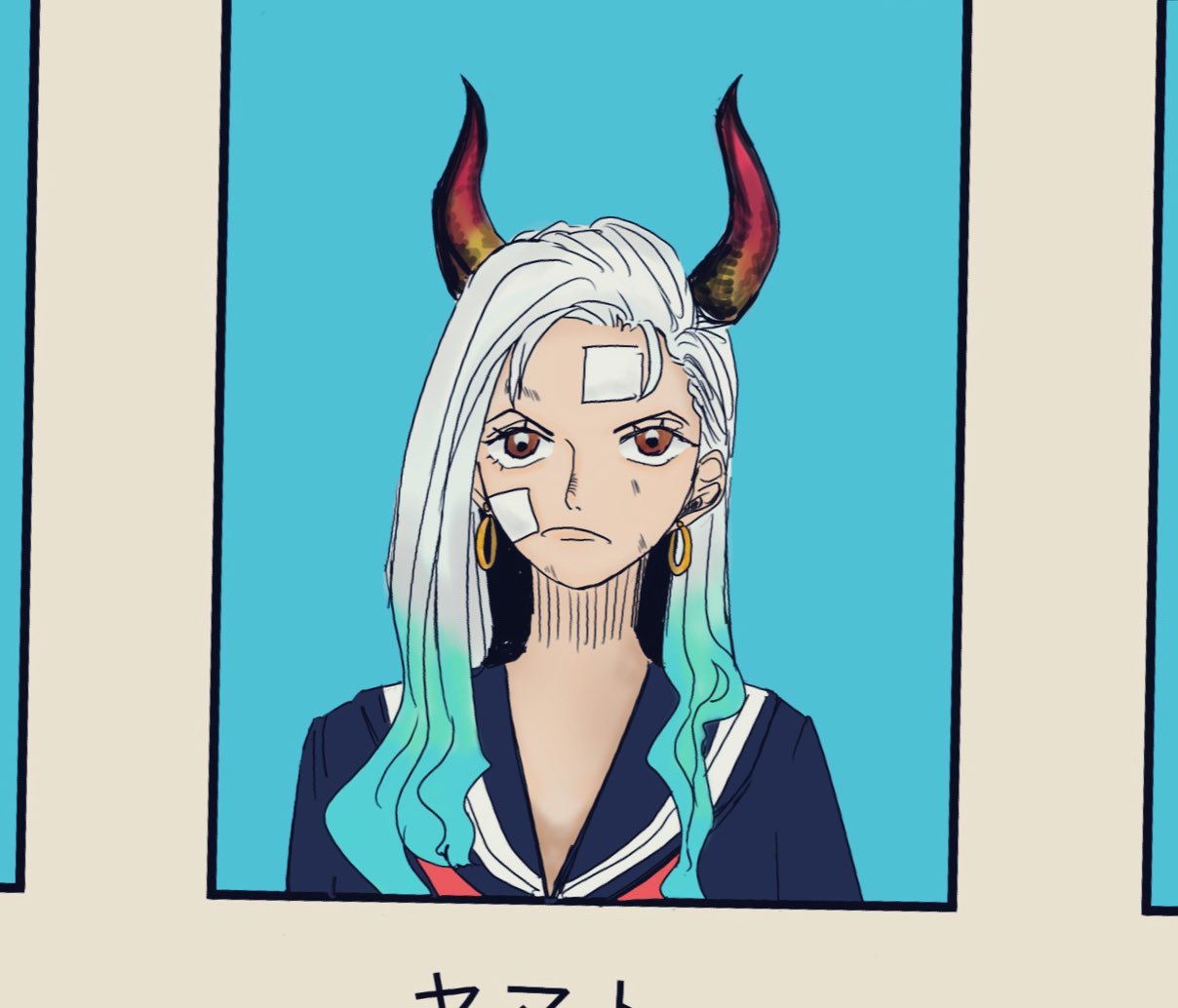 1girl, bandaid, bandaid_on_face, blue_hair, closed_mouth, commentary_request, earrings, green_hair, horns, jewelry, long_hair, looking_ahead, multicolored_hair, one_piece, photo_(object), red_horns, sailor_collar, school_uniform, solo, tenteko_mm, upper_body, v-shaped_eyebrows, white_hair, yamato_(one_piece)