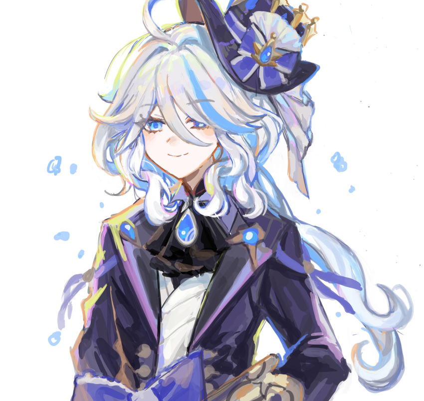 1girl, ahoge, ascot, black_ascot, black_jacket, blue_eyes, blue_hair, blue_hat