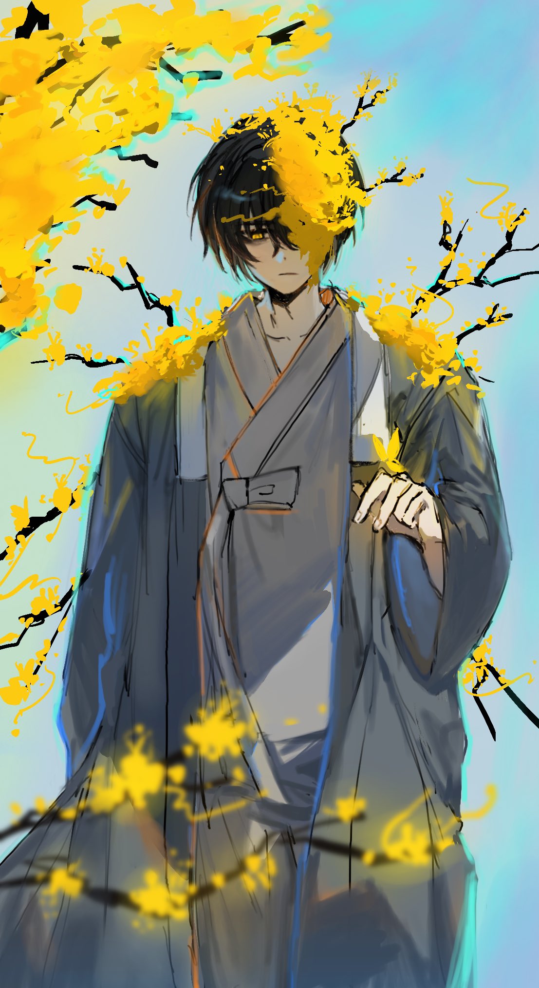 1boy, black_hair, closed_mouth, coat, commentary_request, dangeroussbd, e.g.o_(project_moon), flower, grey_coat, grey_hanbok, hanbok, highres, korean_clothes, korean_commentary, limbus_company, long_sleeves, male_focus, material_growth, project_moon, short_hair, solo, standing, wide_sleeves, yellow_eyes, yellow_flower, yi_sang_(project_moon)