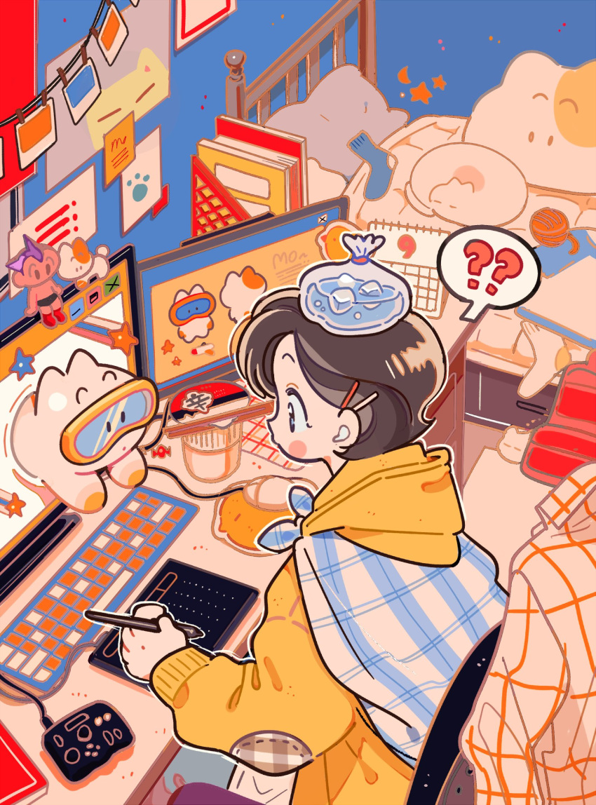 1girl, ?, ??, baggy_clothes, bed, bedroom, black_eyes, blush_stickers
