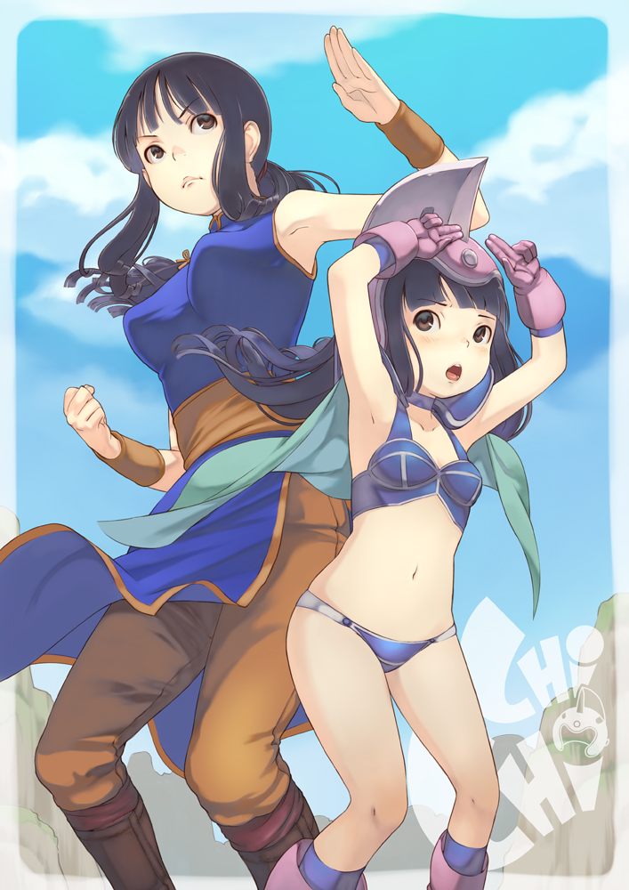 armpits, bikini_armor, black_hair, brown_eyes, cape, chichi, child, dragon_ball