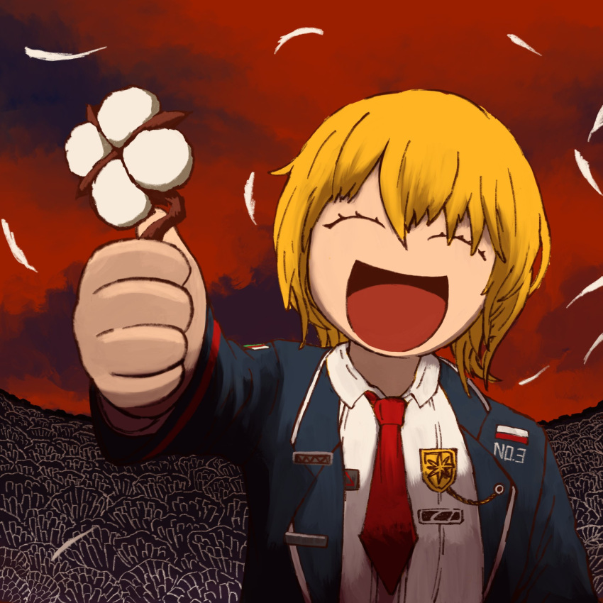 1girl, algro778, black_jacket, blonde_hair, closed_eyes, collared_shirt, commentary, don_quixote_(project_moon), english_commentary, field, flower, flower_field, gossypium_flower, highres, holding, holding_flower, jacket, lapels, limbus_company, long_sleeves, necktie, notched_lapels, open_mouth, outstretched_arm, project_moon, red_necktie, red_skirt, shirt, short_hair, skirt, smile, solo, white_shirt, wing_collar