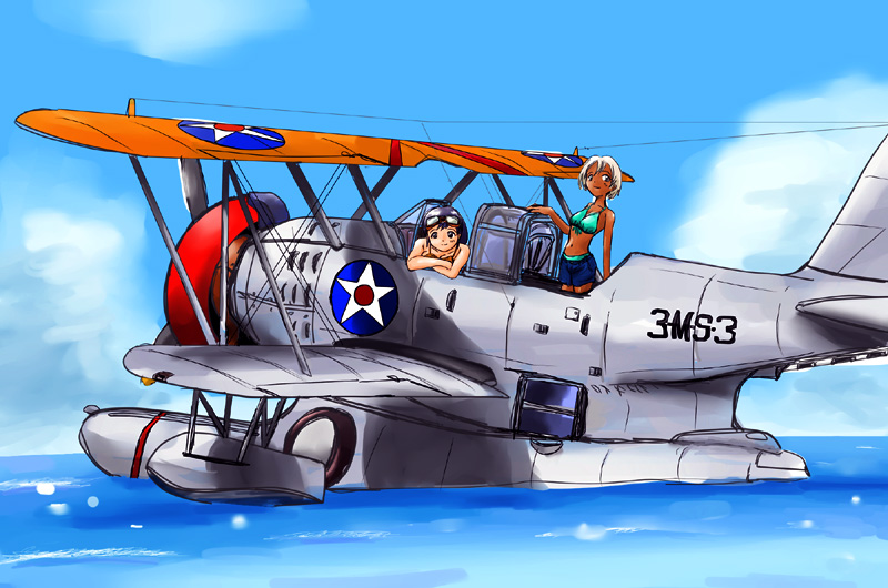 bikini_top, biplane, crossed_arms, flying_boat, goggles, goggles_on_head, grumman_j2f, multiple_girls, original, otonase, seaplane, short_hair, sitting, standing, water