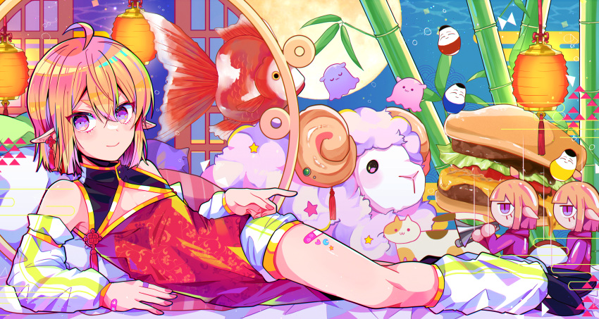 1boy, absurdres, ahoge, air_bubble, bamboo, bandaid, bandaid_on_hand, bandaid_on_thigh