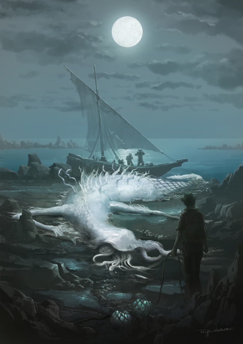 1boy, 1girl, bloodborne, boat, covered_eyes, eldritch_abomination, fins, full_moon