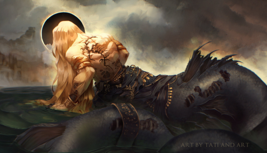 1boy, absurdres, armlet, artist_name, back_muscles, biceps, blonde_hair, bone