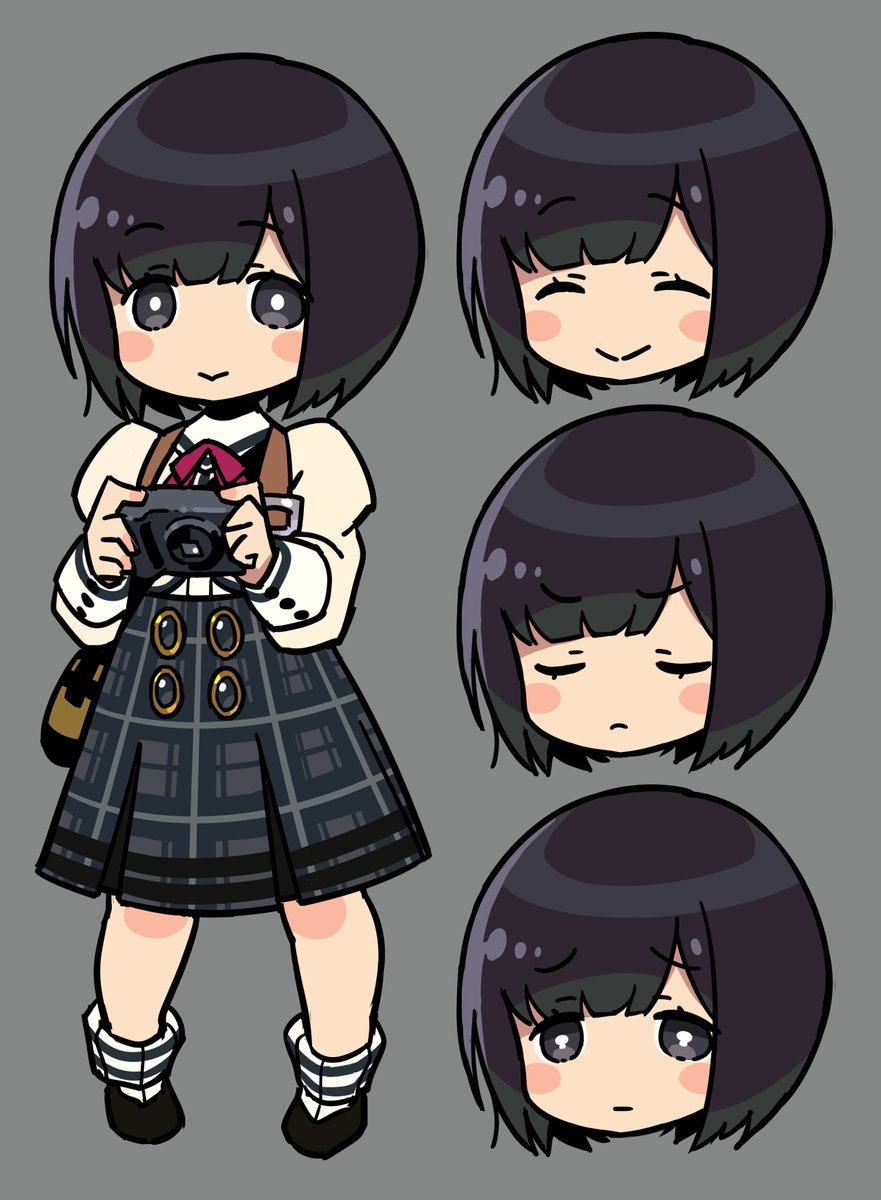 1girl, :>, aikawa_chiyo, black_eyes, black_hair, blush_stickers, bob_cut, buttoned_cuffs