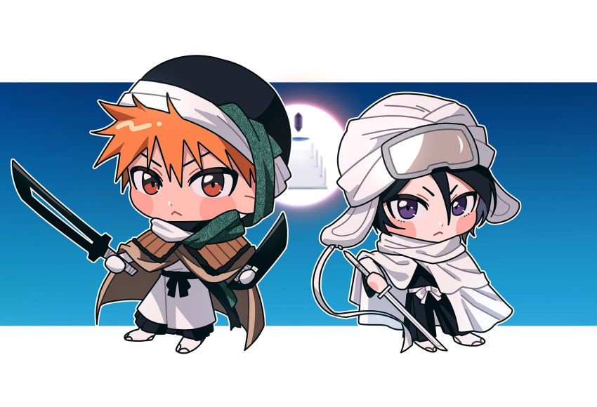 1boy, 1girl, :<, black_hair, black_kimono, bleach, bleach:_sennen_kessen-hen, blush_stickers