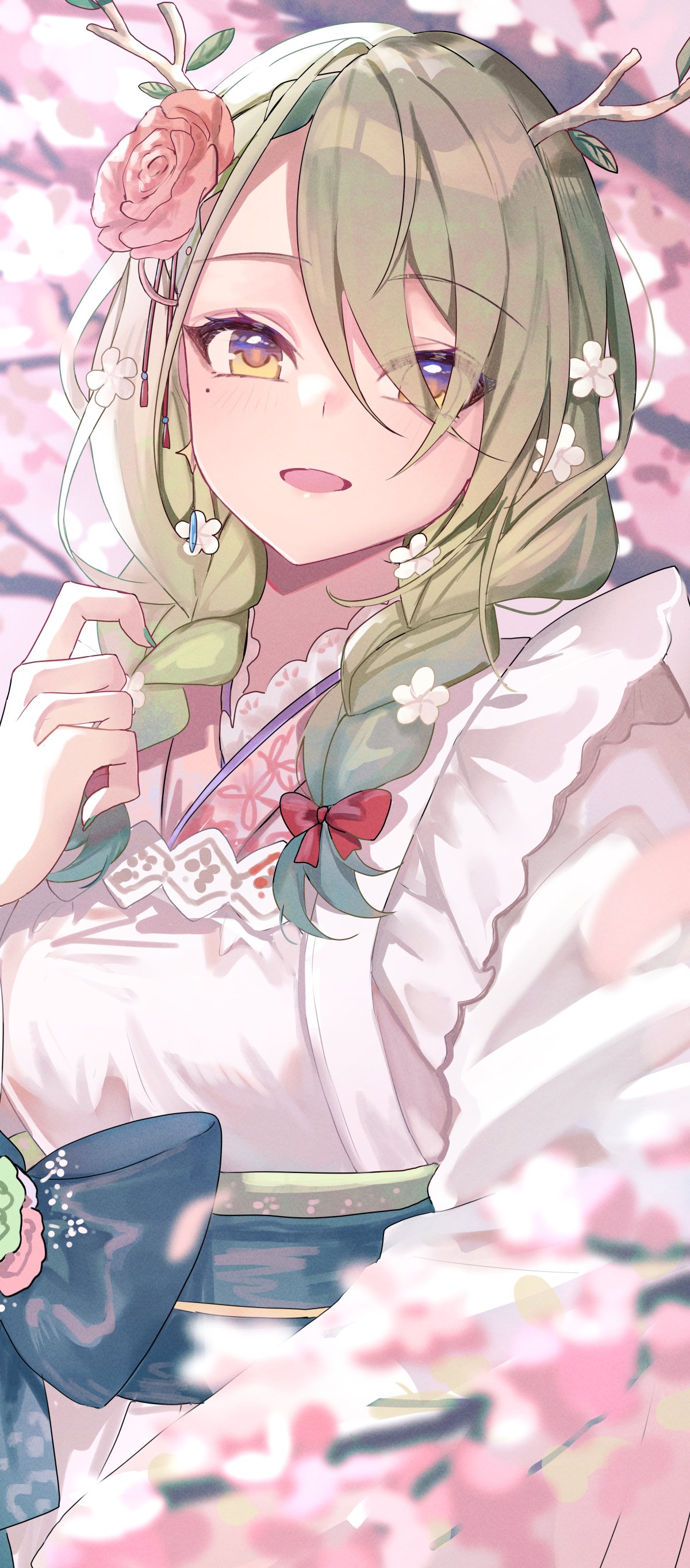 1girl, absurdres, antlers, apron, blurry, bow, braid, ceres_fauna