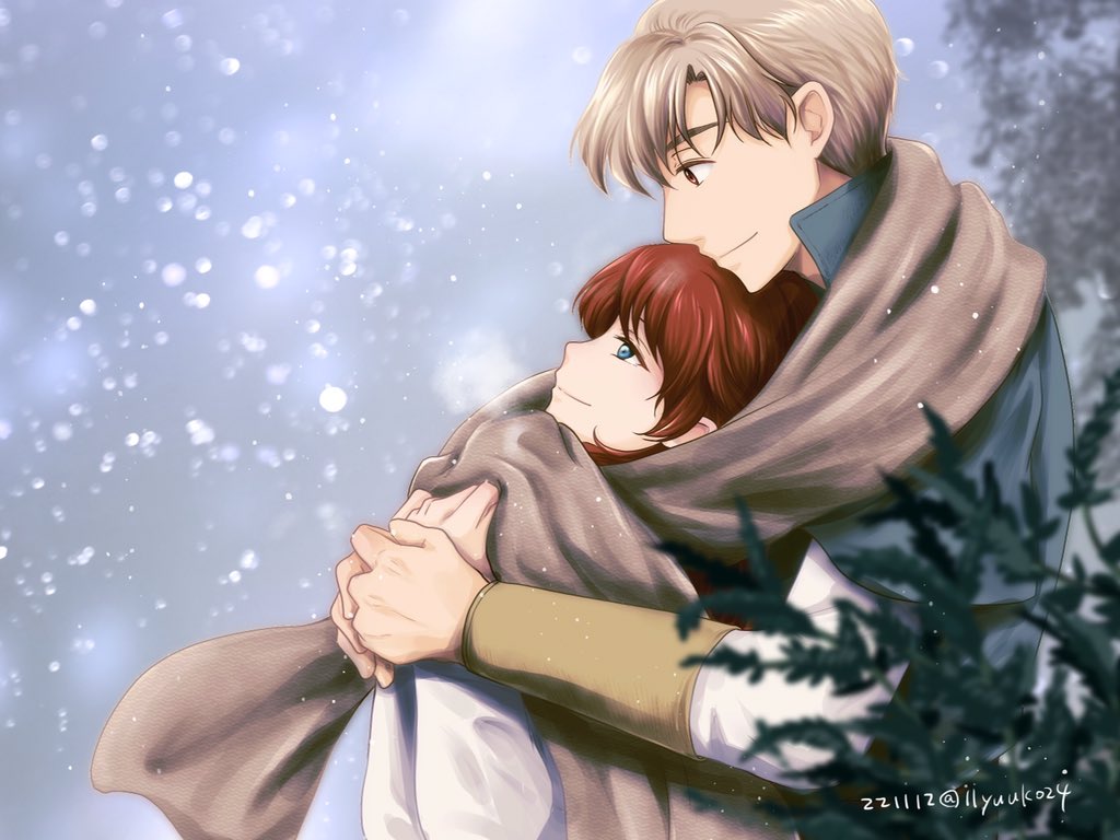 1boy, 1girl, benno_(honzuki_no_gekokujou), blue_eyes, blurry, blurry_foreground, brown_eyes, brown_scarf