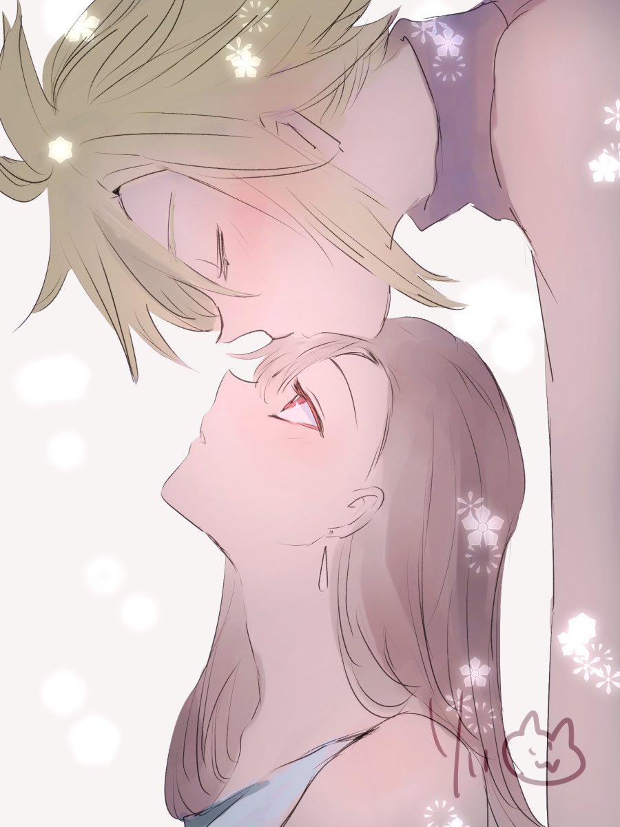 1boy, 1girl, blonde_hair, blush, brown_hair, close-up, closed_eyes, cloud_strife
