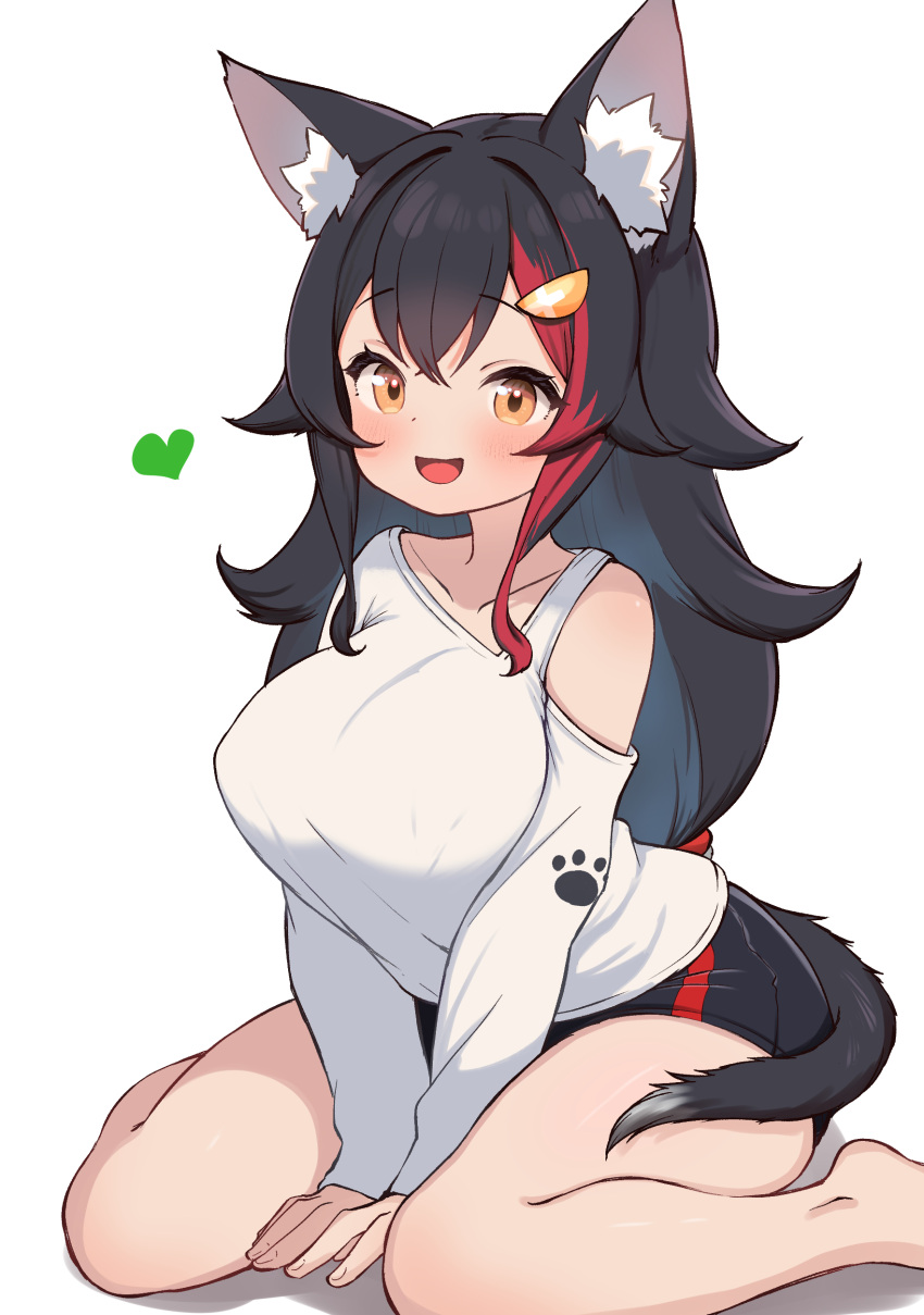 1girl, :d, absurdres, animal_ear_fluff, animal_ears, arms_between_legs, barefoot, black_hair, black_shorts, blush, breasts, brown_eyes, commentary_request, hair_ornament, heart, highres, hololive, kani_bonara, large_breasts, long_hair, long_sleeves, looking_at_viewer, multicolored_hair, official_alternate_costume, ookami_mio, ookami_mio_(casual), paw_print, redhead, shirt, shorts, simple_background, sitting, smile, solo, streaked_hair, tail, tail_around_own_leg, very_long_hair, virtual_youtuber, wariza, white_background, white_shirt, wolf_ears, wolf_girl, wolf_tail