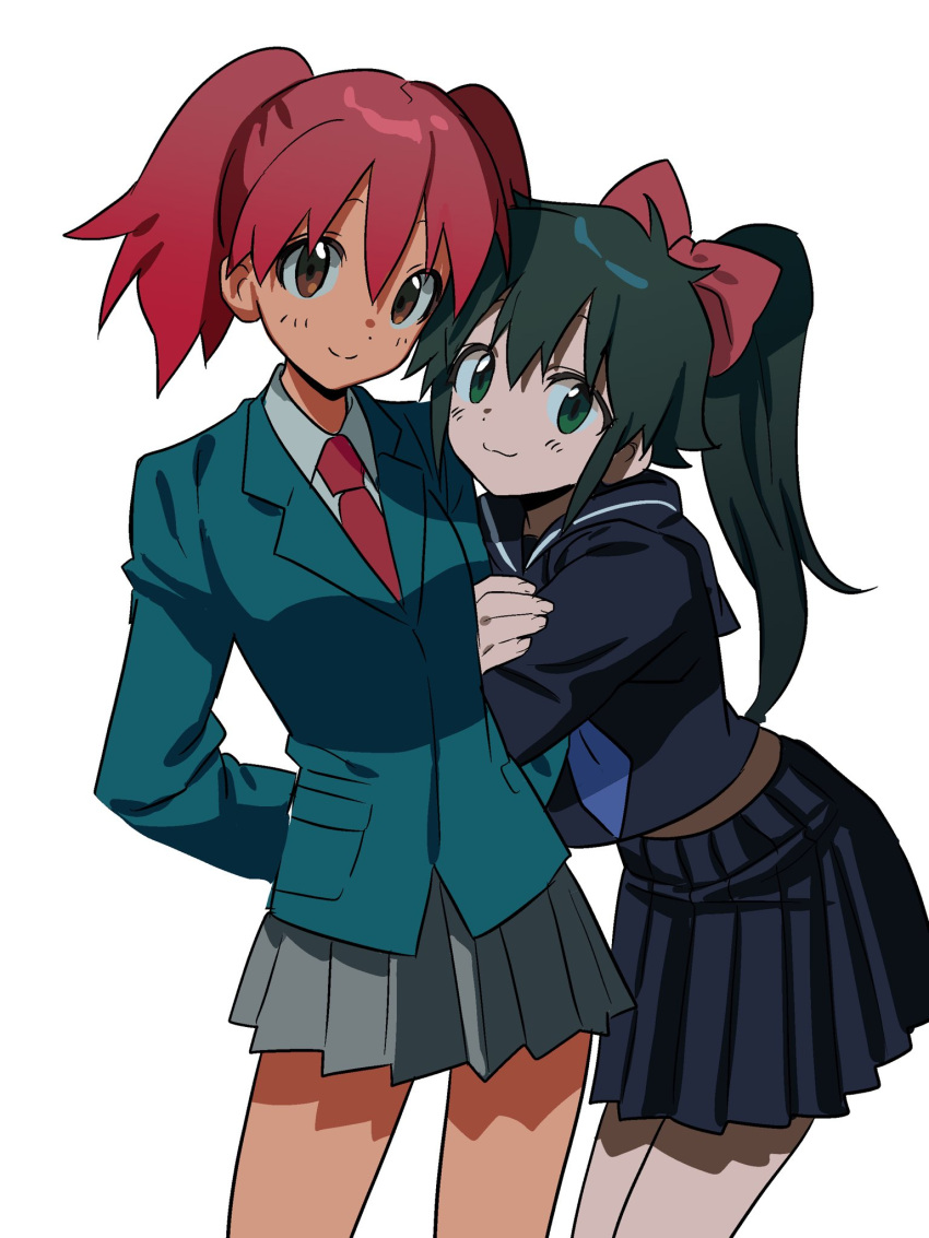 2girls, :3, aqua_jacket, arm_hug, azumaya_koyuki, bending, betti_(xx_betti), black_hair